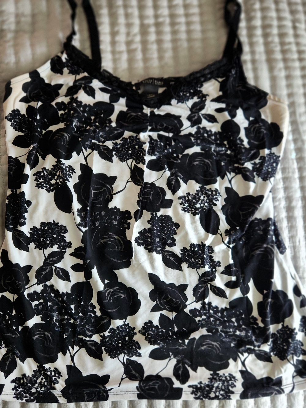 White House Black Market Black & White Floral Lace-Trim Cami